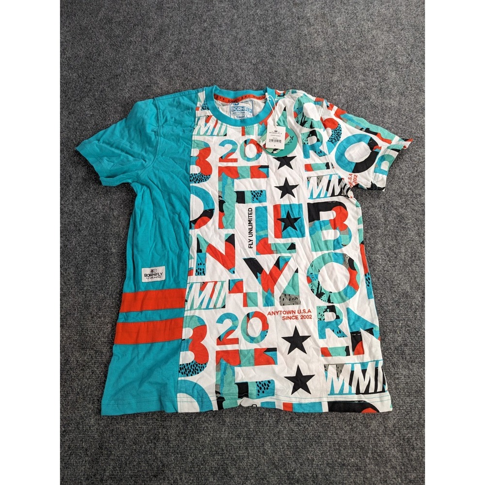 Born Fly T-shirt Mens Small Teal & White Anytown USA NWT